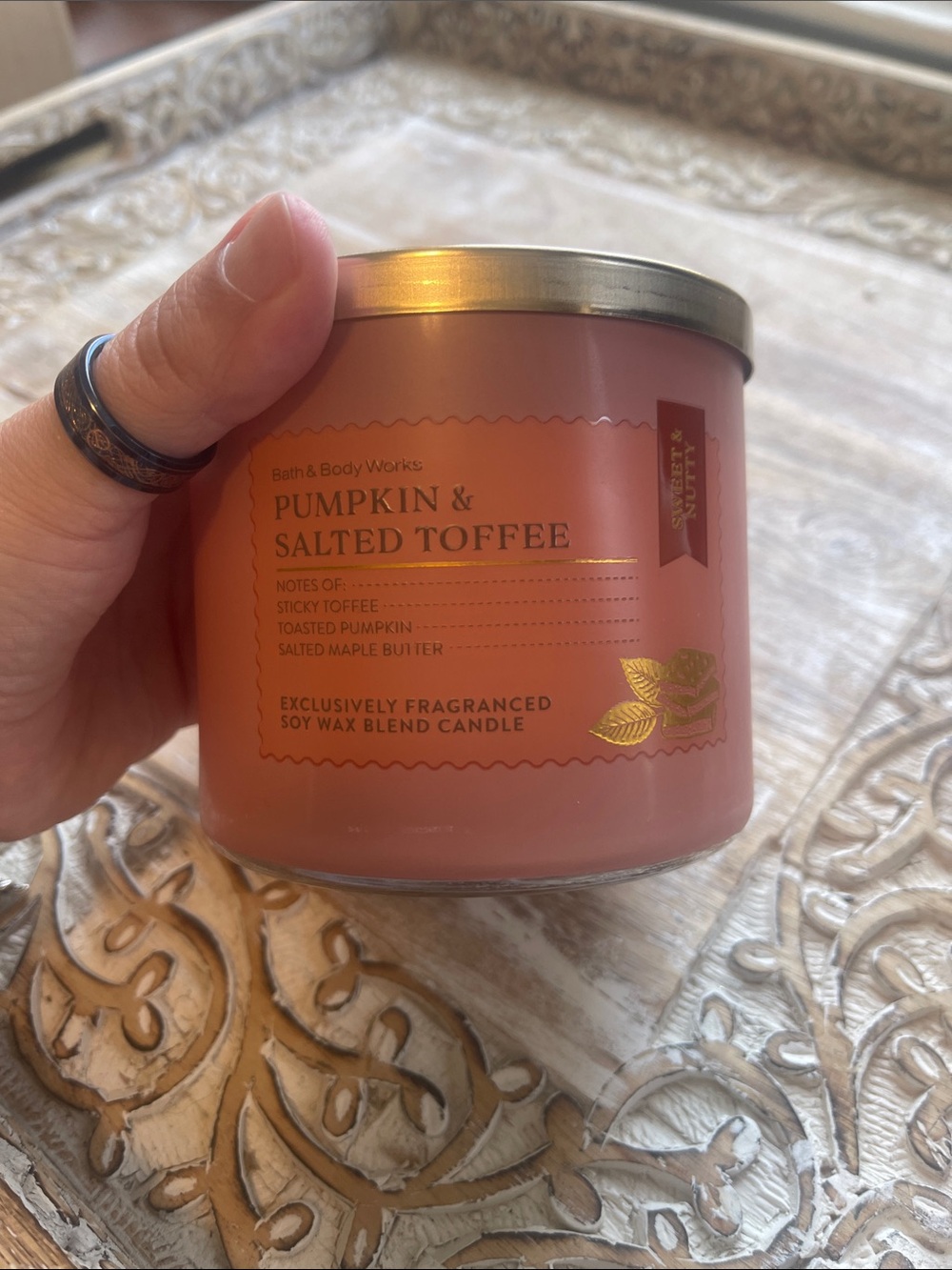 Bath & Body Works Pumpkin & Salted Toffee Candle - Coral Pink